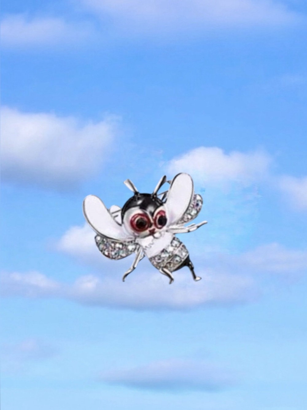 Cartoon Fly Pin With Crystal Wings & Tail, White, Black, Red, & Silver Brooch